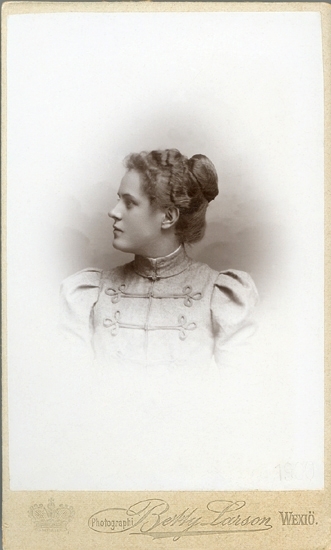 Porträtt (bröstbild, profil) av en okänd ung kvinna i höghalsad, ljus klänning med snörmakerier. I halsgropen skymtar en liten enkel brosch.
I nedre högra hörnet är inpräglat: "1901."