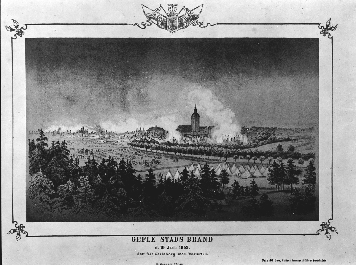 Vykort på "Gefle Stads Brand d. 10 juli 1869. Sett från Carlsborg, utom Westertull".  Pris 30 öre