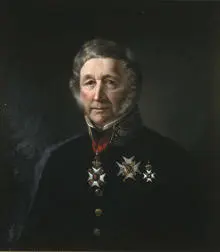 Portrett av Gustav Peter Blom. Mørk uniform, Ordner på brystet og i bånd rundt halsen.  Fra kommentar på Digitalt Museum: St.Olavs kommandørkors rundt halsen og krasjan (stjerne) på brystet. Nordstjerneordenens riddertegn i svart bånd.