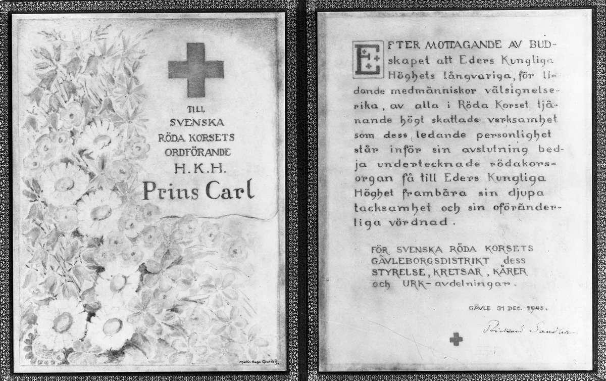Reproduktion av tackkort till H.K.H. Prins Carl. 28 januari 1946. Från Röda Korset Gävleborgsdistriktet.