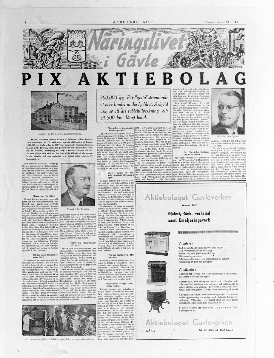 En sida av Arbetarbladet Lördagen den 2 oktober 1943. Näringslivet i Gävle. "Pix Aktiebolag".