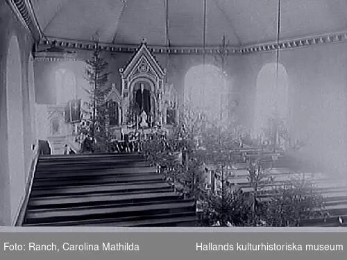 Interiörbild. Ås kyrka i Halland.Altargång, altare, predikstol.
