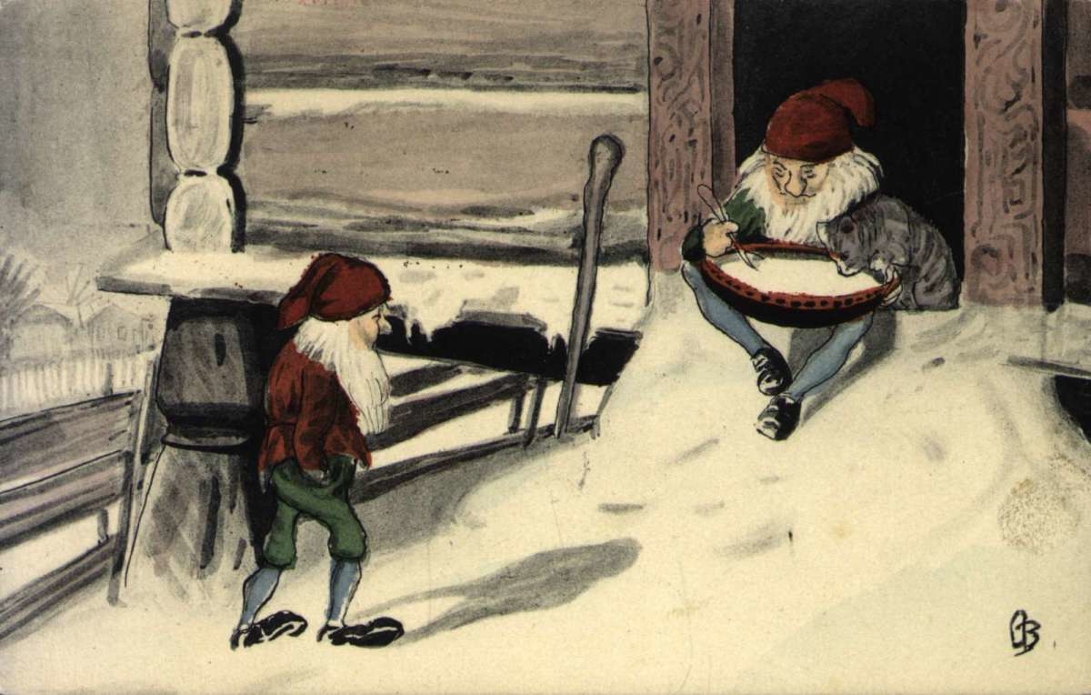 Julekort. Nyttårshilsen. Vintermotiv. En nisse sitter med et  grøtfat på stabburstrappa. Ved siden av nissen sitter en katt. En annen nisse er tilskuer. Stemplet desember 1909.