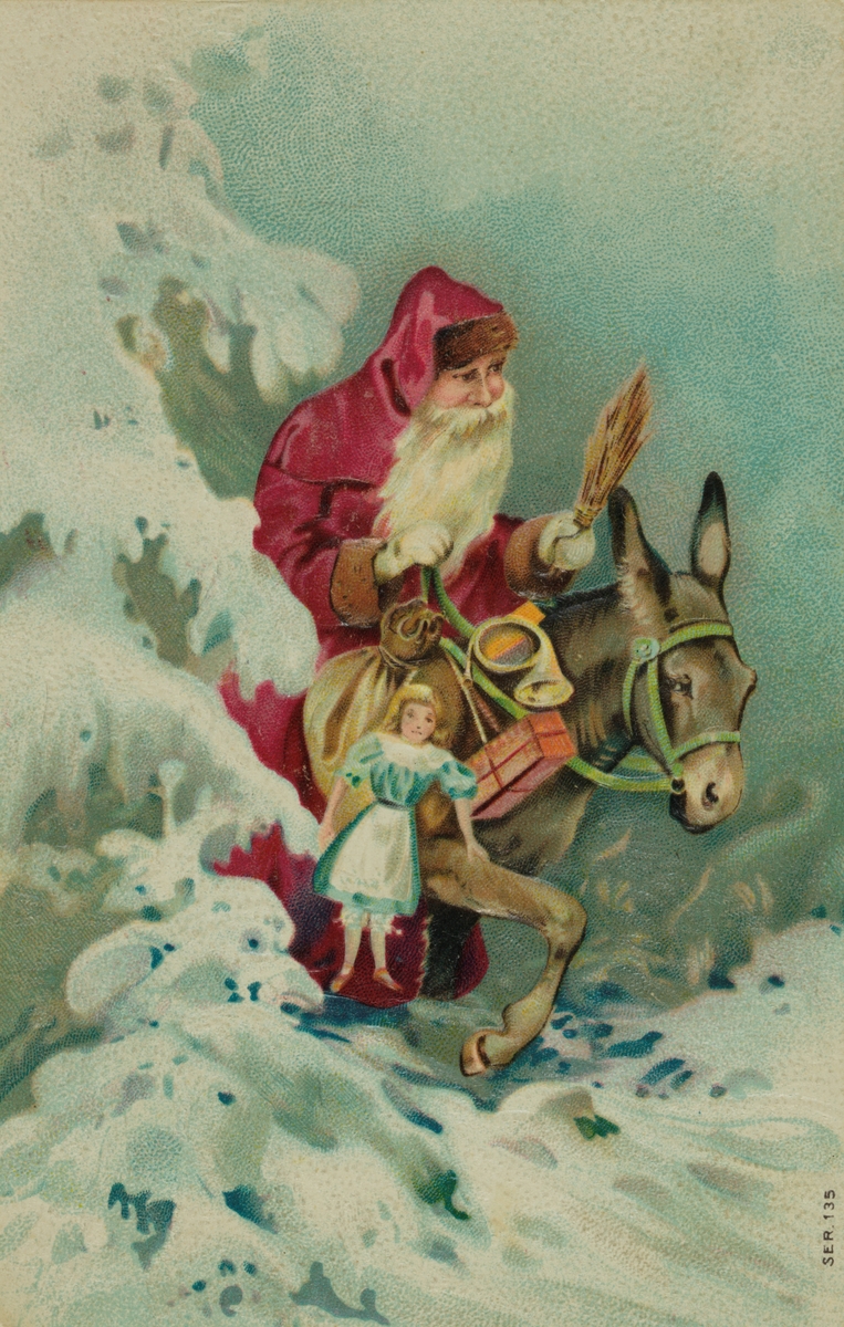 Julekort. Nyttårshilen. Julenisse med julegaver rir på et esel i snø. Skrevet nyttår 1901.