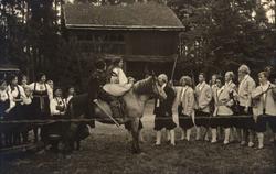 Postkort. Brudefølge,  brudepar til hest og gjester i manns-