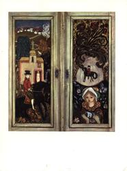 Postkort. Norsk Folkemuseum. Malte skapdører. Kirke, brudgom