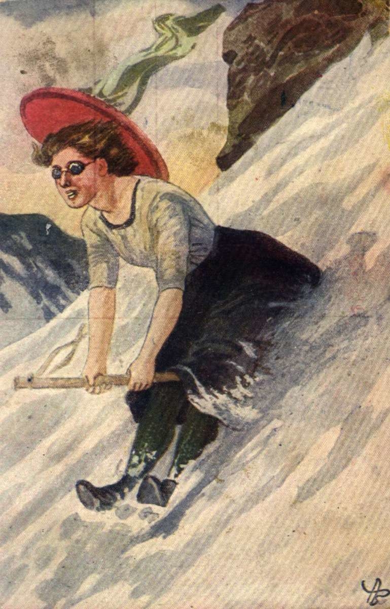 Postkort. Jule- og nyttårshilsen. Vintermotiv. Kvinne akende på kosteskaft. Illustrert av Andreas Bloch. Stemplet 24.12.1914.