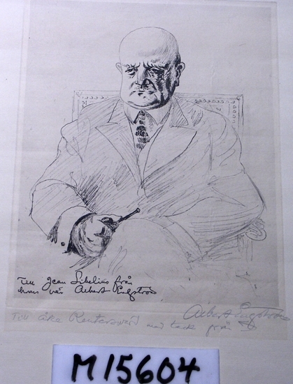 Mjukgrundsetsning på gultonat antikpapper. 
Knäbild, halvprofil.
Jean Sibelius (1865-1957)