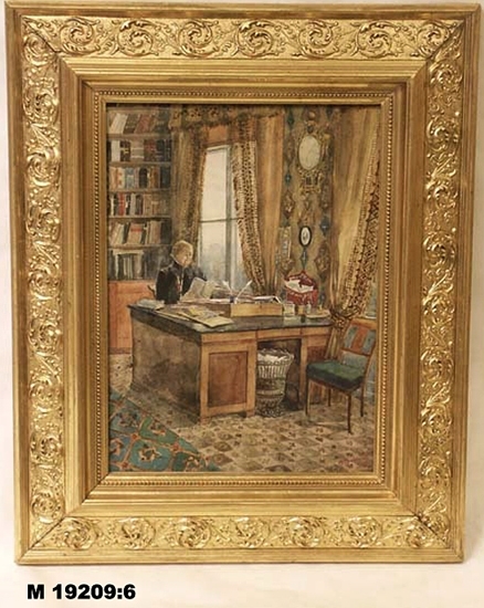 Akvarellmålning.
Biskop Johan Andersson (1820-1894), rökande i sitt arbetsrum på Östrabo.