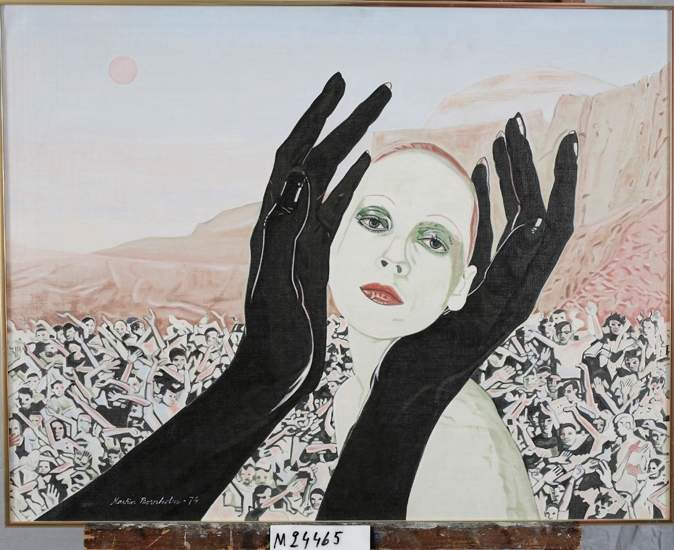Oljemålning på duk. 
Kvinnohuvud mellan två svarta händer. 

Inskrivet i huvudbok 1979.
Montering/Ram: Smal trävit ram