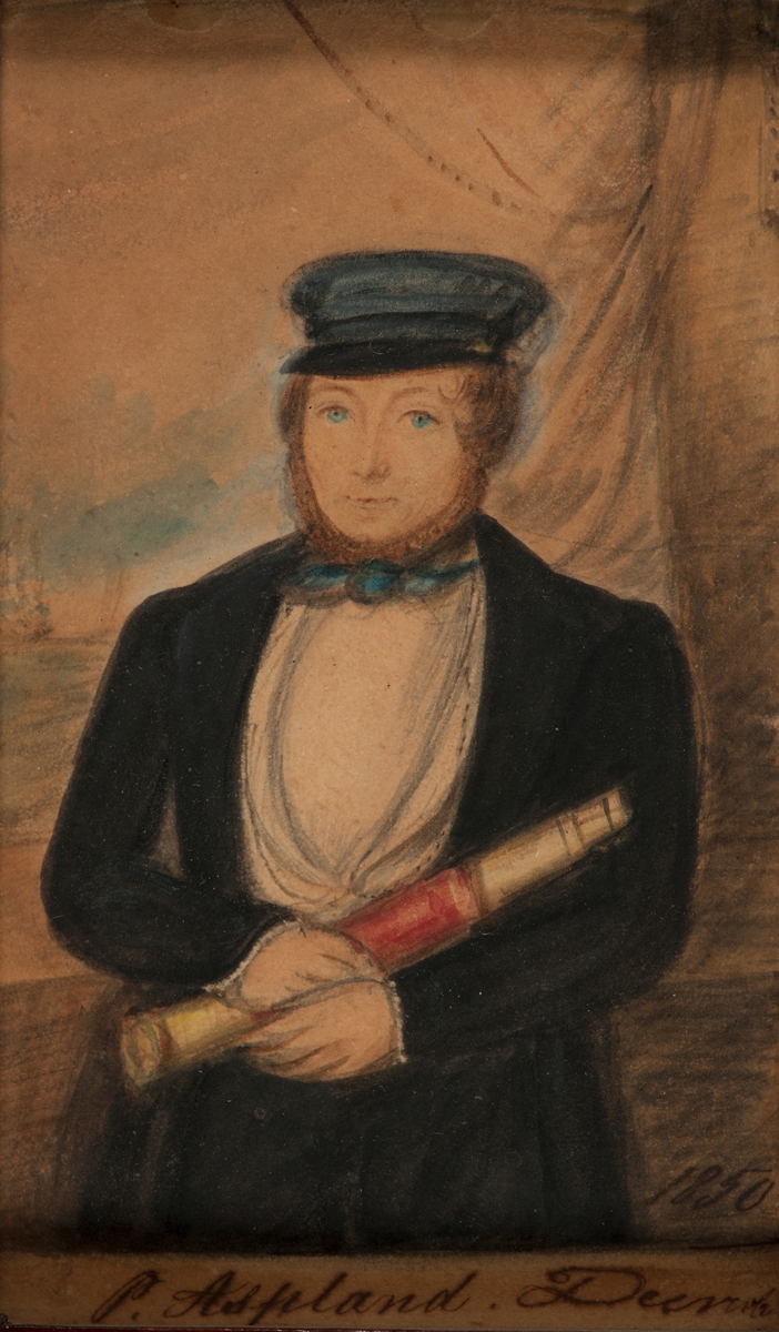 Sjökapten Pehr Asplund f. 1811 i Båstad, d. 1856 i Ängskär, Uppland.
Asplund är på porträttet iförd en svart uniform, vit skjorta, blå kravatt, skärmmössa och håller en kikare i de korslagda händerna.