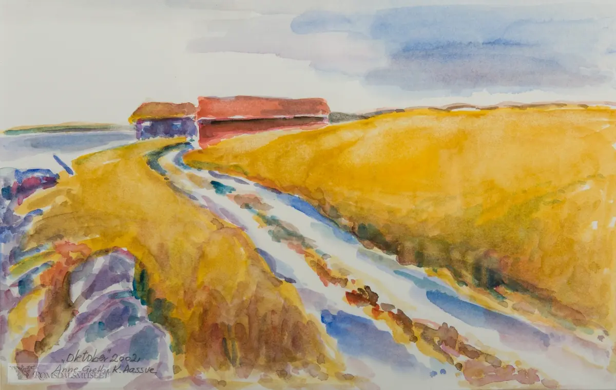 Et høstlandskap med kornåkre ned mot sjøen. En vei går gjennom åkeren og ender opp ved en låve og et hus/hytte.