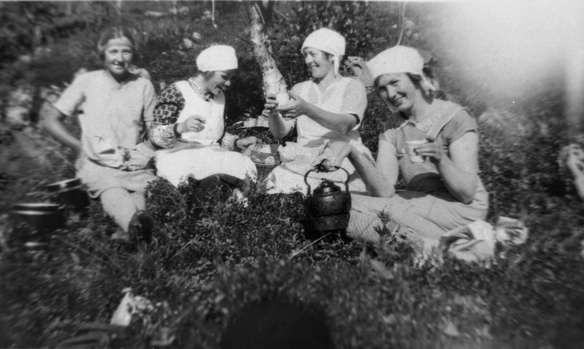 Fire damer sitter og drikker kaffe ute i naturen. Å i Senja ca 1928