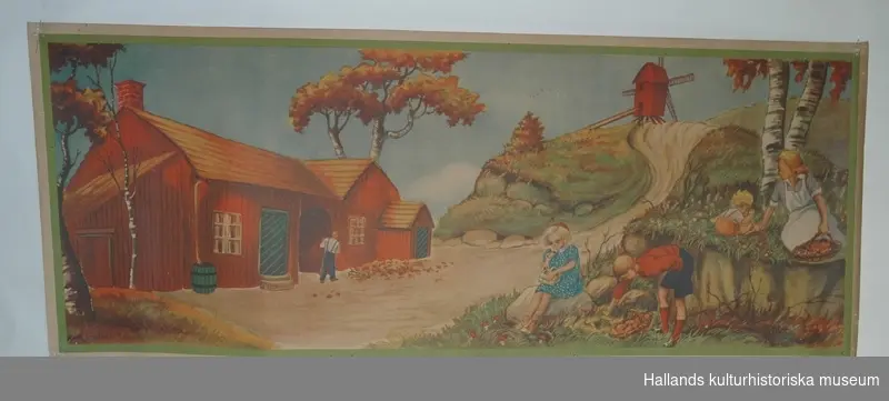 Pappersbonad tryckt i flerfärg. Motiv: Höstmotiv med en man kratandes löv framför ett rött hus samt en kvinna och tre barn som plockar svamp. I bakgrunden en väderkvarn. Beige kant runt om. Märkt: KARLSTRÖM.