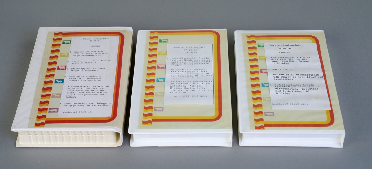 18 videokassetter i hvite plastetui. Kassettene inneholder "Video-Aviser" fra BS fra 1986 til 1989. Samlingen er ikke komplett. For innhold se "Andre opplysninger".
Etuiene har plastlommer der det er lagt inn papir med trykk. På forsiden står det skrevet "Video-Avis" og nummeret, mens det på baksiden står skrevet hva kassettene inneholder. Teksten er rammet inn av gule og røde striper, og det er bilde av hvite dyr på ulik fargebakgrunn.