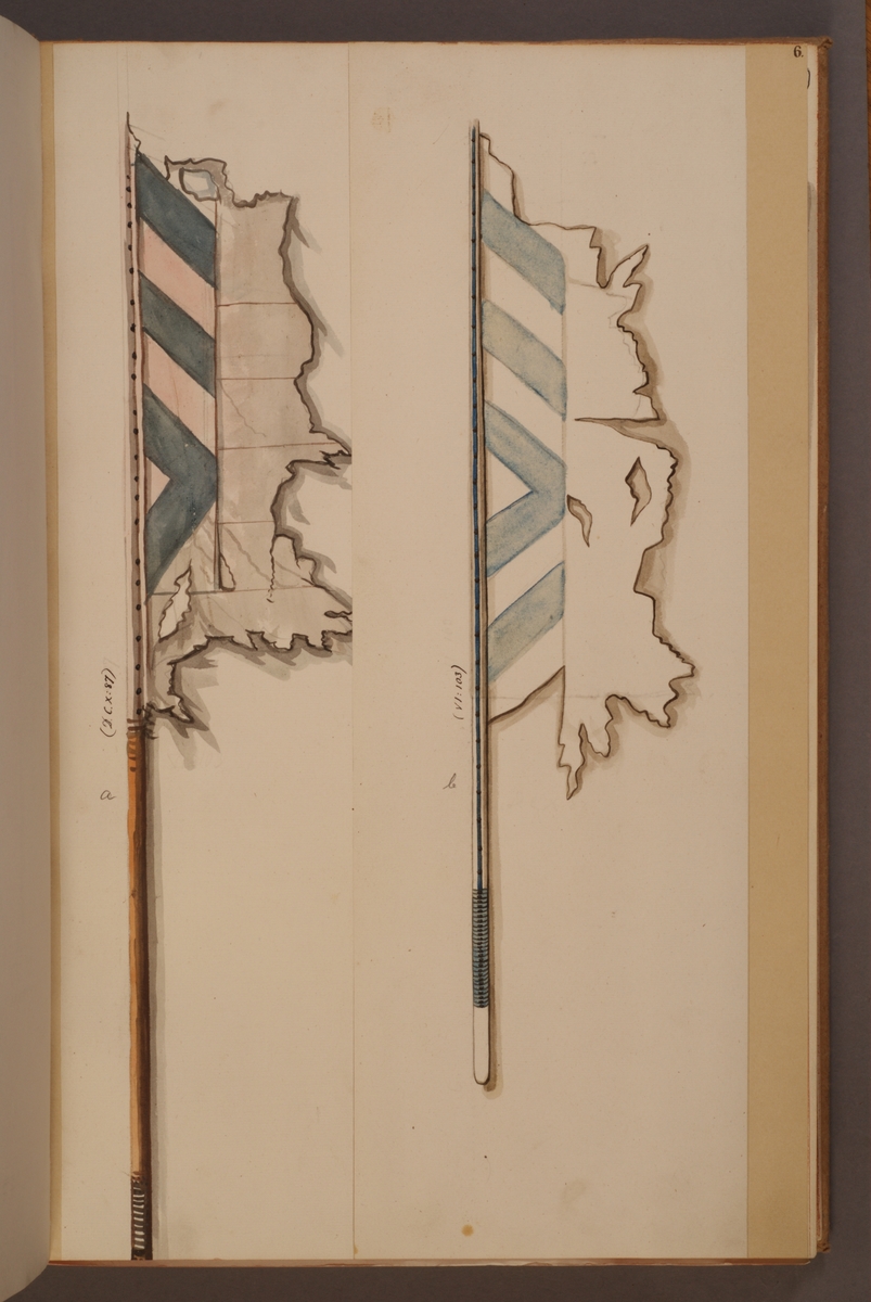 Avbildning i gouache föreställande fälttecken tagna som troféer av svenska armén. De avbildade fanorna finns inte bevarade i Armémuseums samling.