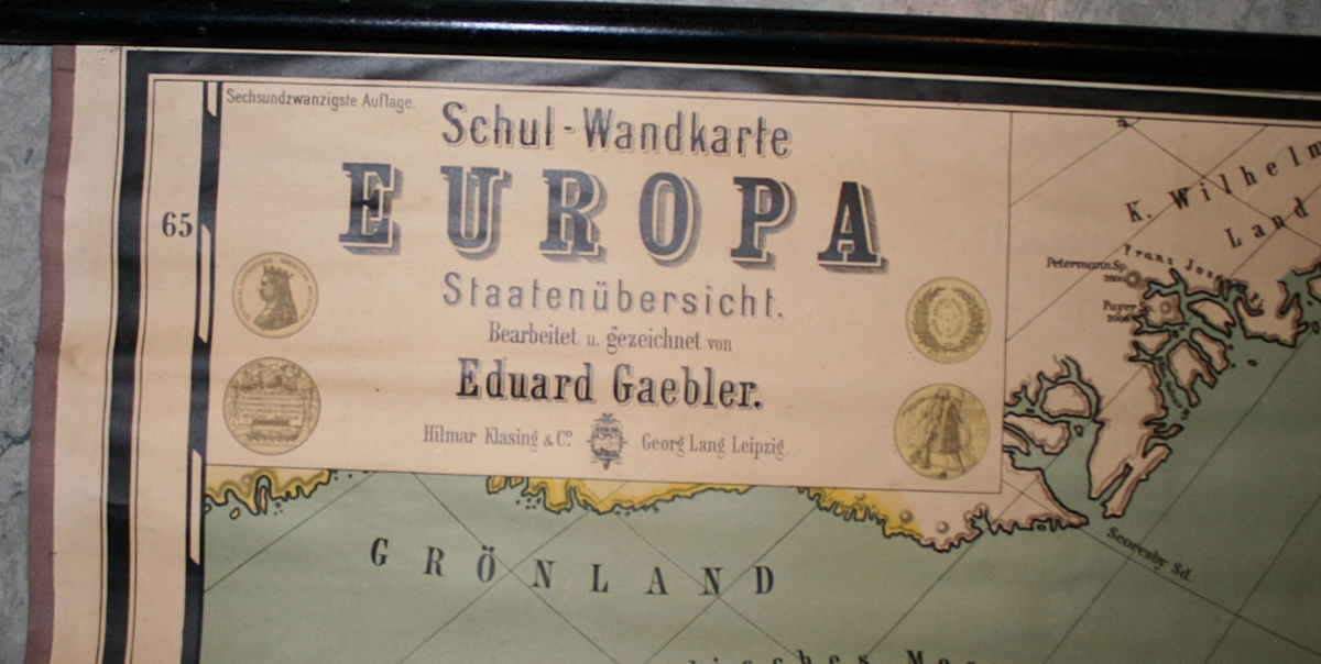 Schul-Wandkarte Europa Staatenübersicht. Bearbeitet u gezeichnet von Eduard Gaebler. Hilmar Klasing & Co. Georg Land Leipzig.