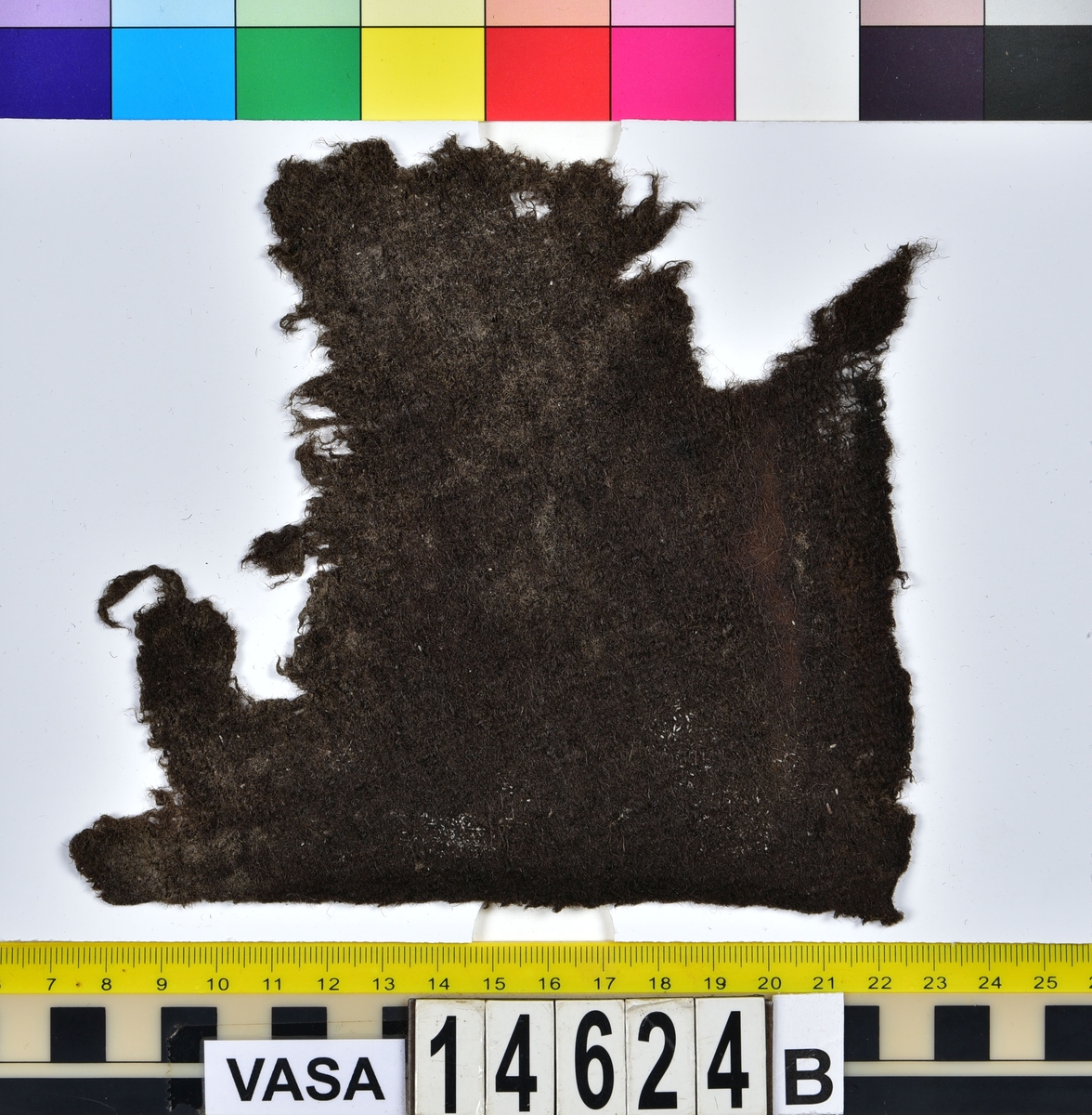 Textil.
Tre fragment uppdelade på fyndnummer 14624a-b.
Fnr 14624a består av två fragment av ull vävda i tuskaft samt valkade på ena sidan. Det ena fragmentet är litet och har troligen lossnat från det stora fragmentet. Det stora fragmentet har två bevarade originalkanter.
Fnr 14624b består av ett fragment av ull vävt i tuskaft samt valkat på ena sidan. Fragmentet har två bevarade originalkanter.