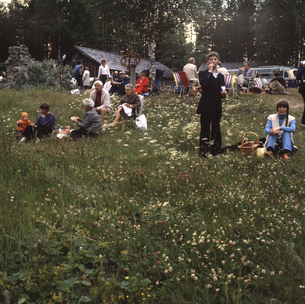 Det är "Afton på Ängratörn". En grupp människor har gjort en utflykt i gröngräset med picknickkorgar.