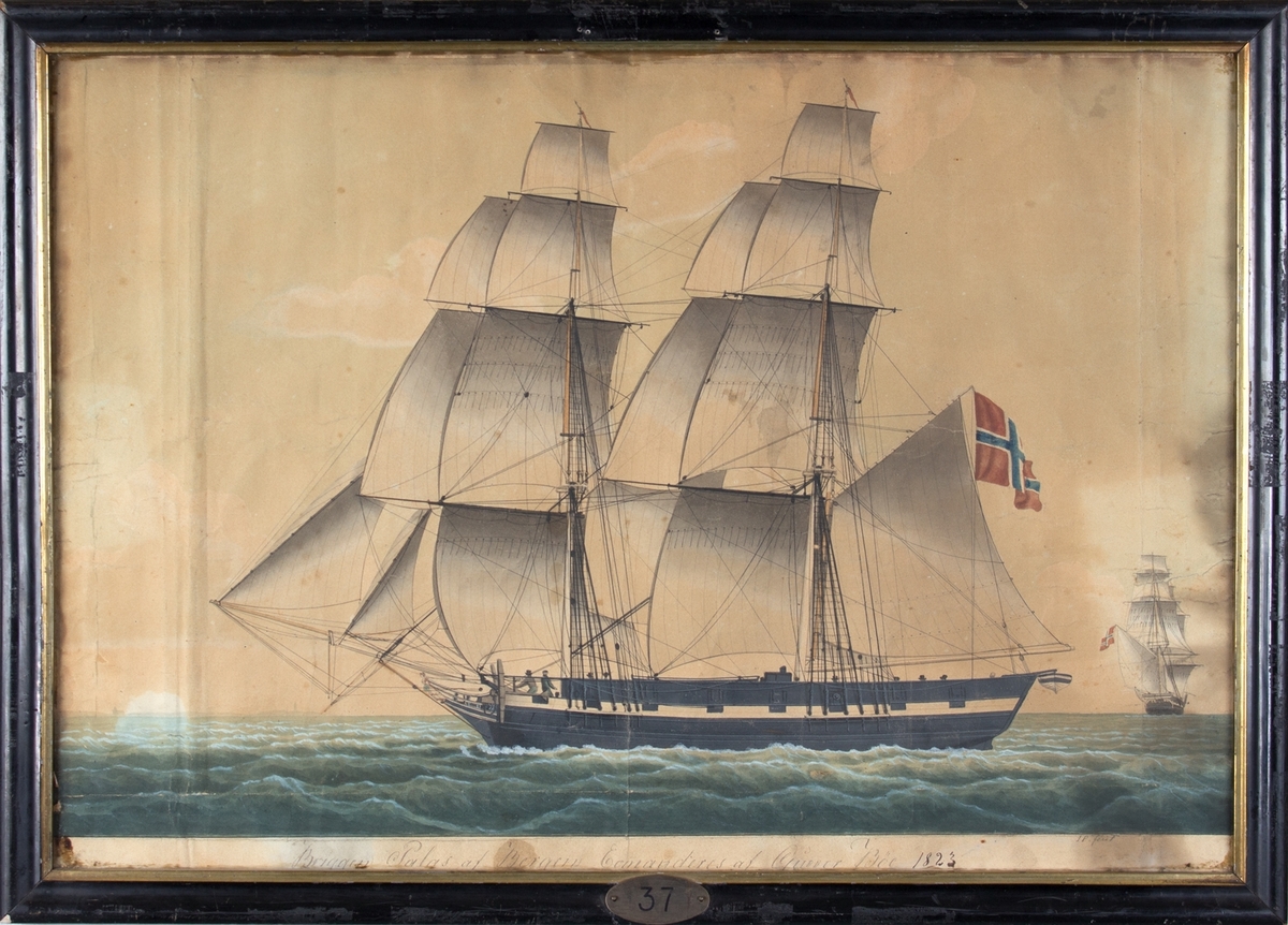 Akvarell av brigg PALLAS, skipet sees både fra langside og fra front. Fører norsk flagg i akter og har malte kanonporter.