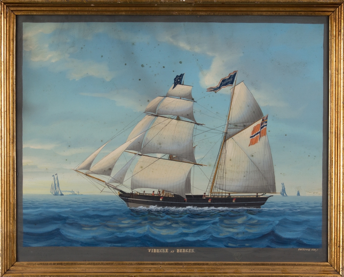 Skipsportrett av skonnertbrigg VIBECKE under fulle seil. Fører unionsflagg og vimpel med skipets navn. Fører blått flagg med stjerner som omkranser en stjerne i senter av flagg.