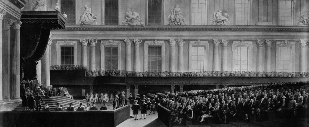 Rikssalen på Kungliga slottet, och när Gustaf III öppnar 1789 års riksdag. Målning av Louis Jean Desprez.