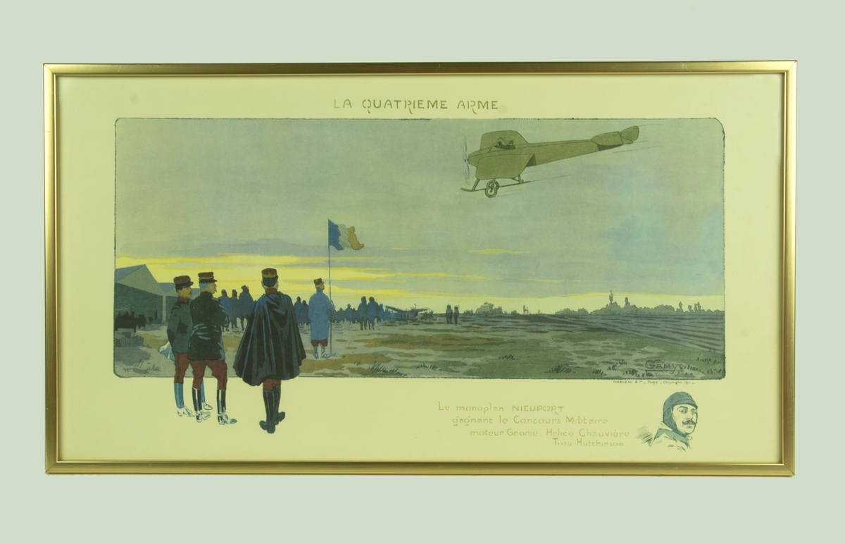 Tavla med inglasat tryck med "Le monoplan Nieuport", "La Quatrieme arme".