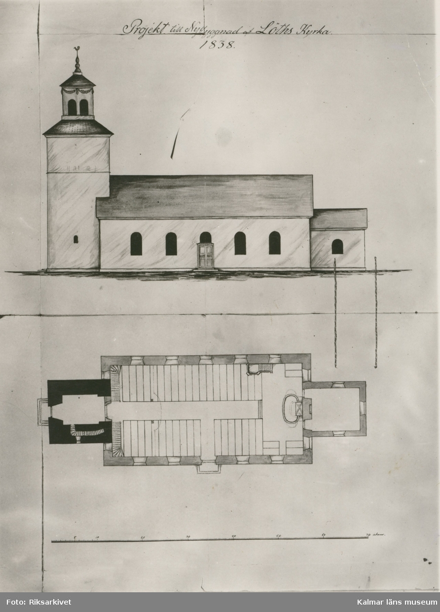 Teckning av Löts kyrka 1828.