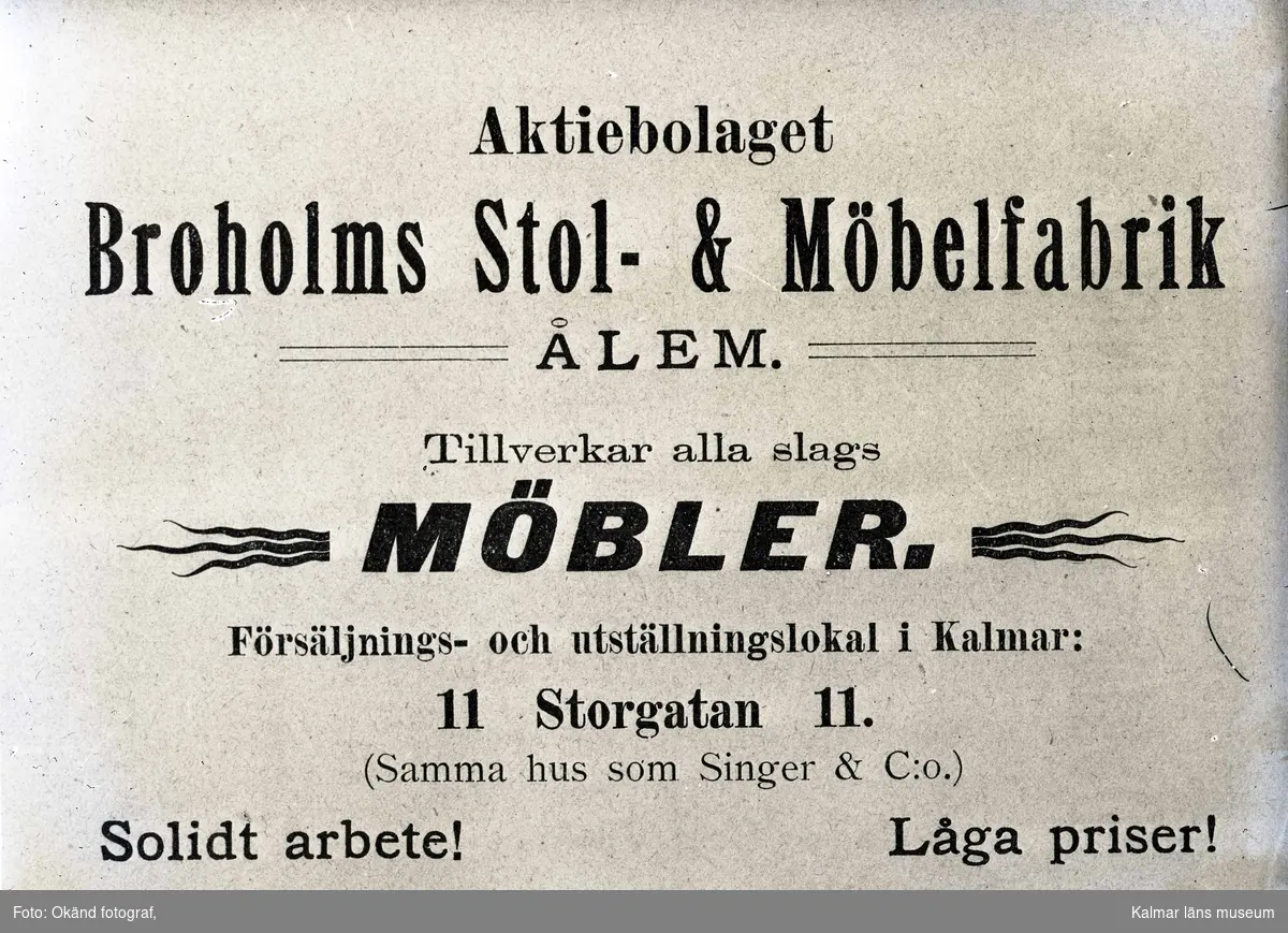 Annons för AB Broholms Stol och Möbelfabrik.