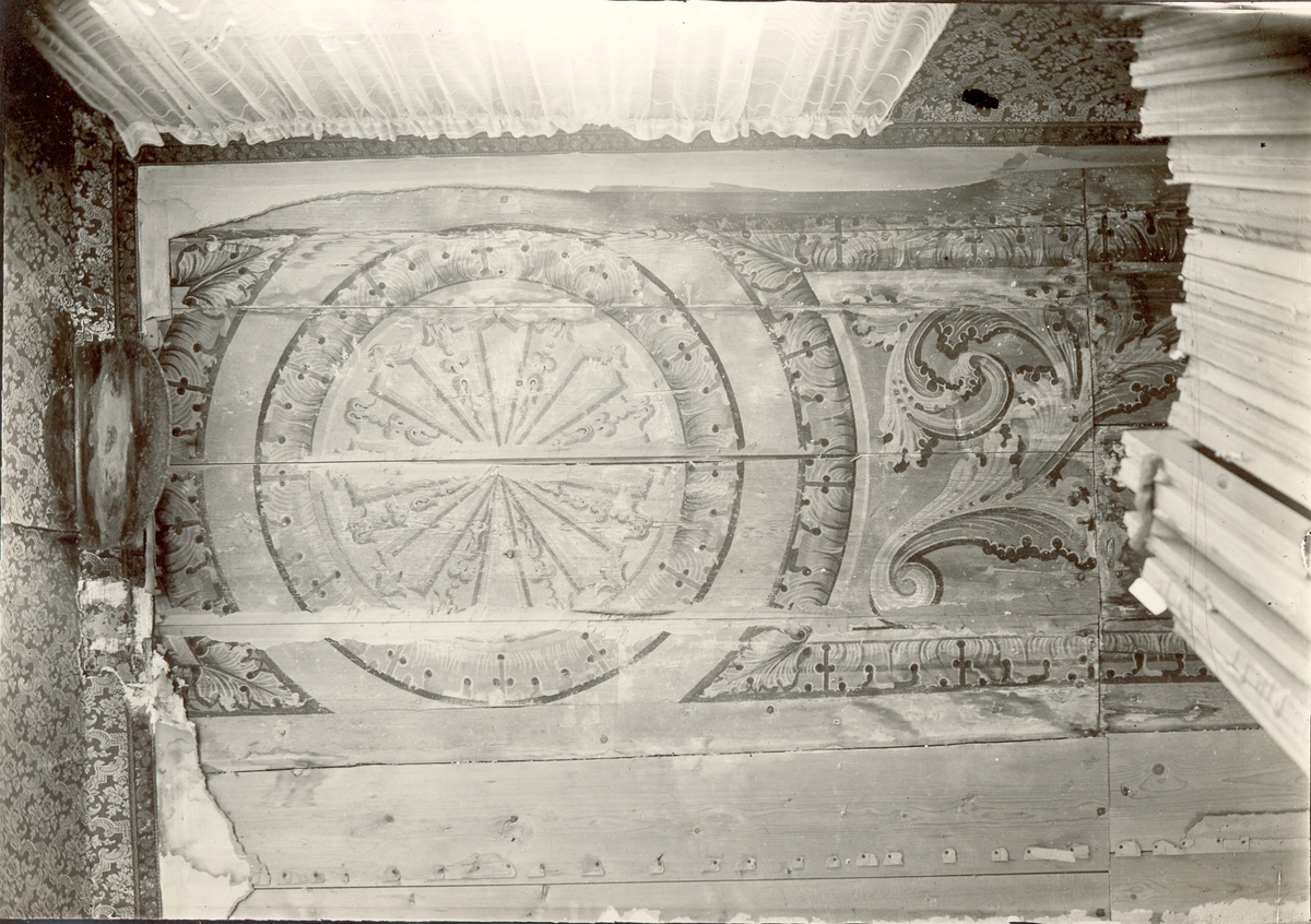 Östra flygeln. Del av paneltak med målad ornering i karolinsk barockstil, uppsatt i sekundärt läge i rummet till vänster om förstugan