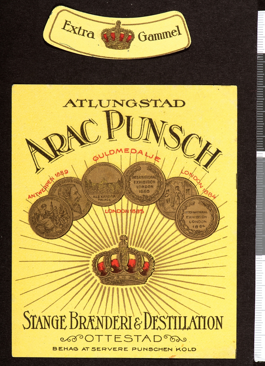 Brennevinsetikett. Spritetikett. Extra Gammel Atlungstad Arac Punsch, Stange Brænderi & Destillation. Ottestad, Stange.