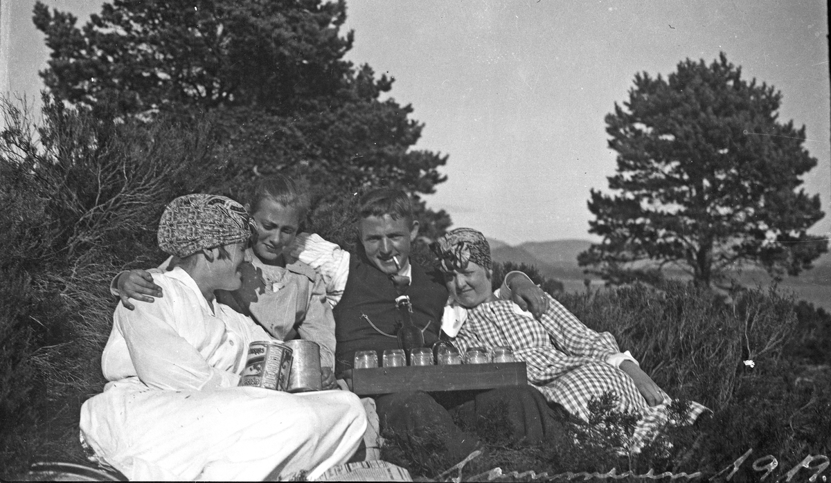 Gruppebilde. Sommer. Fire personer som koser seg og poserer for fotografen i solskinnet. Tre kvinner og en mann. Skog i bakgrunnen. De har med seg mat og drikke.. Hverdagsfoto.