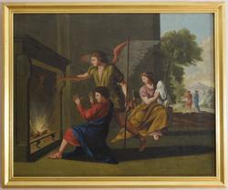 Engel og manns- og kvinnefigur foran peis [Lerretsmaleri]