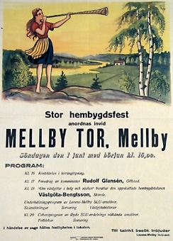 Vit med svart tryck och färgbild.
Hembygdsfest i Mellby med medverkan av Västgöta-Bengtsson