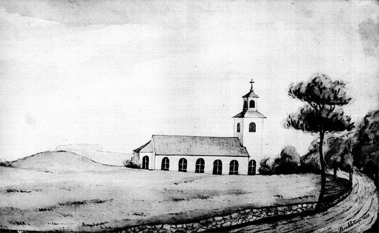 Broddetorps kyrka.
Teckning eller tuchlavering av G. Than från Händene, ägs av G. Boorg.