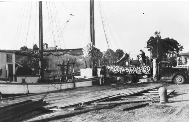 Karlsborg, Rödesund. Kindboms skuta, Gunhild av Rödesund, lastar ved från gengaslastbil vid kanalbron år 1940. Neg finns.