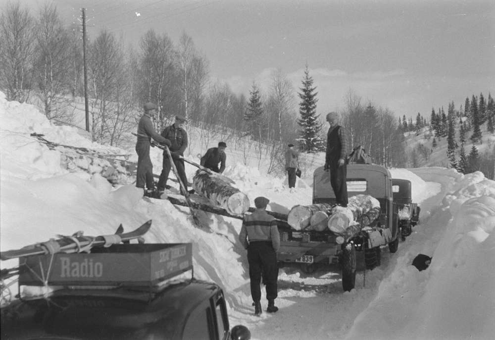 Vinterlandskap,tømmerkjøring med lastebil i Hattfjelldal?