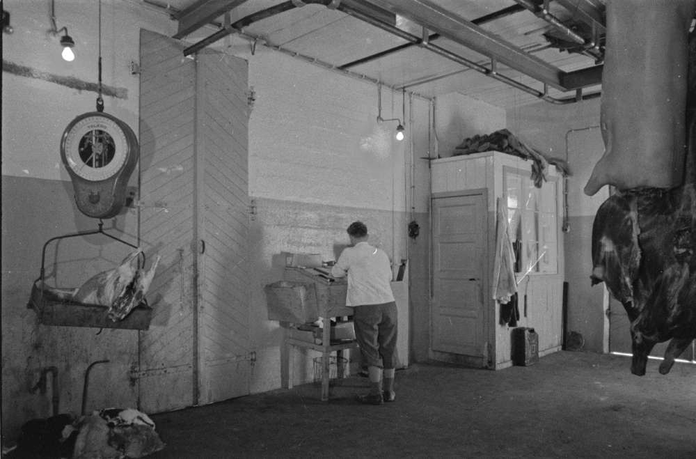 Slakteriarbeidere og distriktsveterinær Kurt Ragnvald Bakstad. Røine i arbeide ved slakteriet på Jernbanekaia.(1946-1959.) Flere bilder inne og ute.
Salgslag slakteri