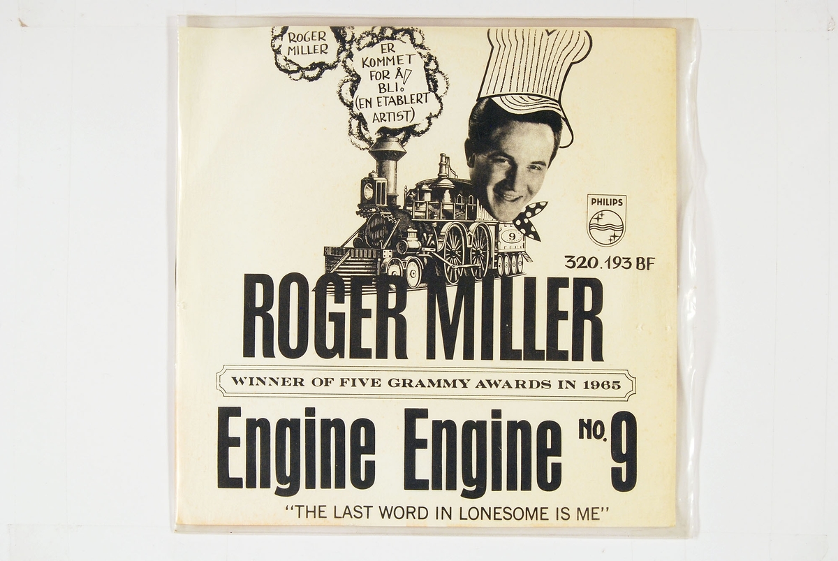 Bilde av Roger Miller over et damplokomotiv.