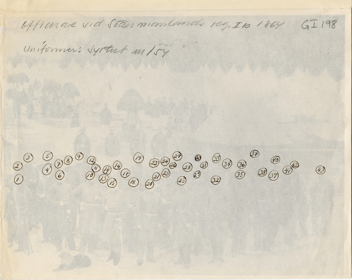 Officerare vid Södermanlands regemente I 10, 1864.
För namn, se bild nr. 3 och 4.