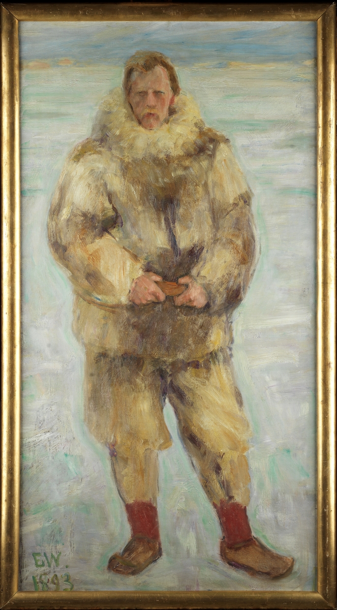 Portrett av Fridtjof Nansen i skinnhyre, helfigur.