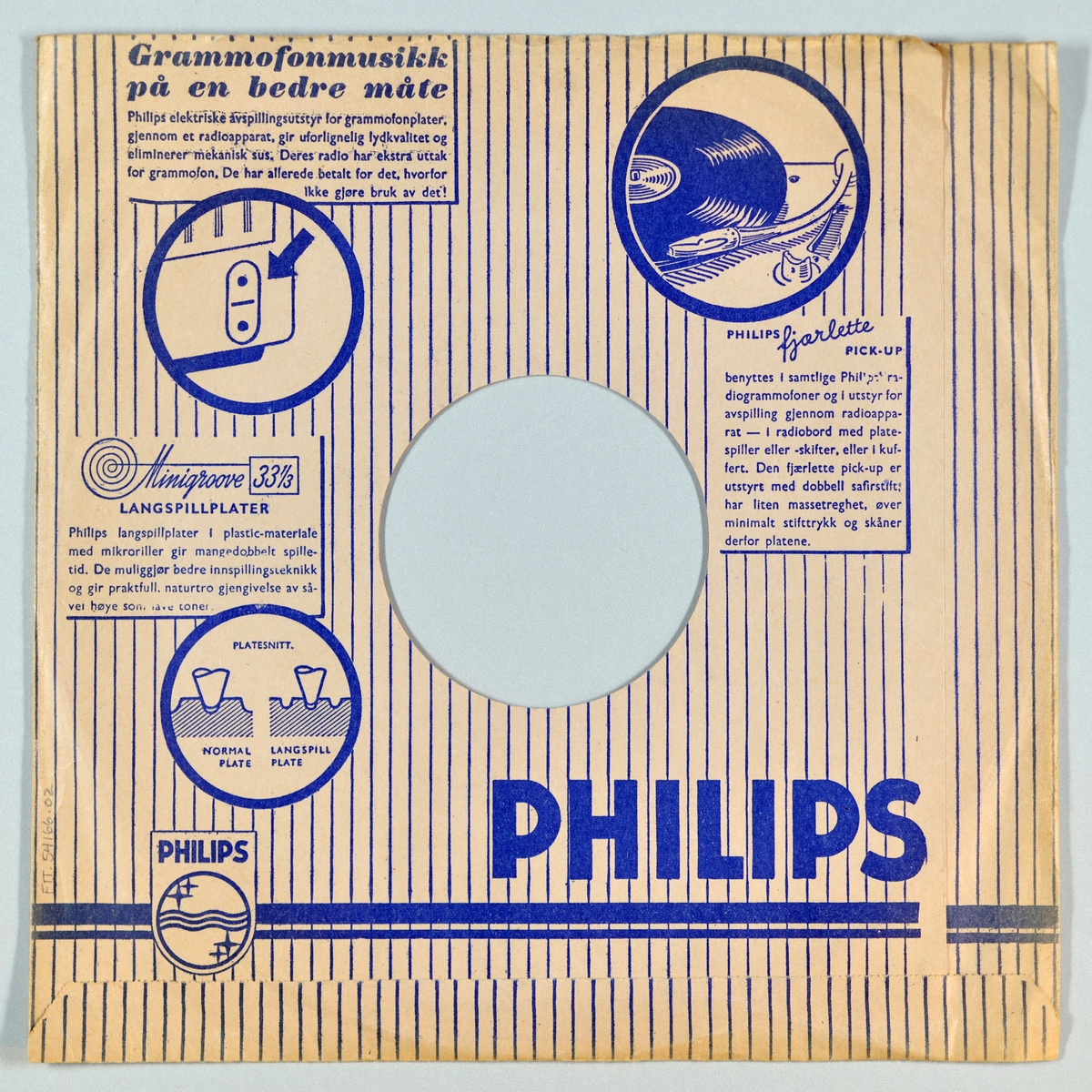 FTT.54166.01:
Svart grammofonplate laget av bakelitt og skjellak. Etiketten er blå med sølvskrift. Logoen til Philips er på etiketten

FTT.54166.02:
Plateomslag til platen laget av hvitt/beige papir med skrift/design i blått. Begge sidene har loddrette striper. På forsiden er logoen til Philips og over hele omslaget står det navn på ulike artister gitt ut på Philips. På baksiden er det små informasjonsbokser om grammofonmusikk, langspilleplater, Philips fjærlette pick-up og et bilde som viser forskjellen på en normal plate og en langspillplate.