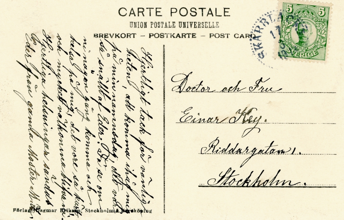 Ribbingsholms herrgård från sjösidan. Motiv på vykort som postgått på 1910-talet.