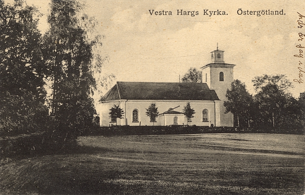 Vykort med motiv av Västra Hargs kyrka i Östergötland.