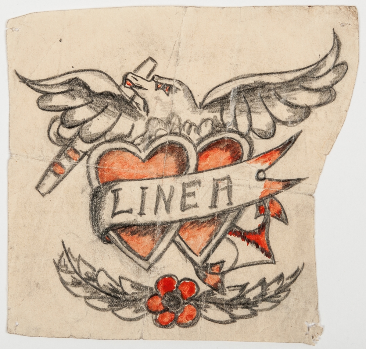 Tatueringsförelagor. 4 stycken teckningar föreställande kvinna med stjärnbanér, fregatt med kvinnoansikte, räddningskrans, skepp "Sailors grave" hjärtan, orm, örn med namnet Linnéa, m.m.