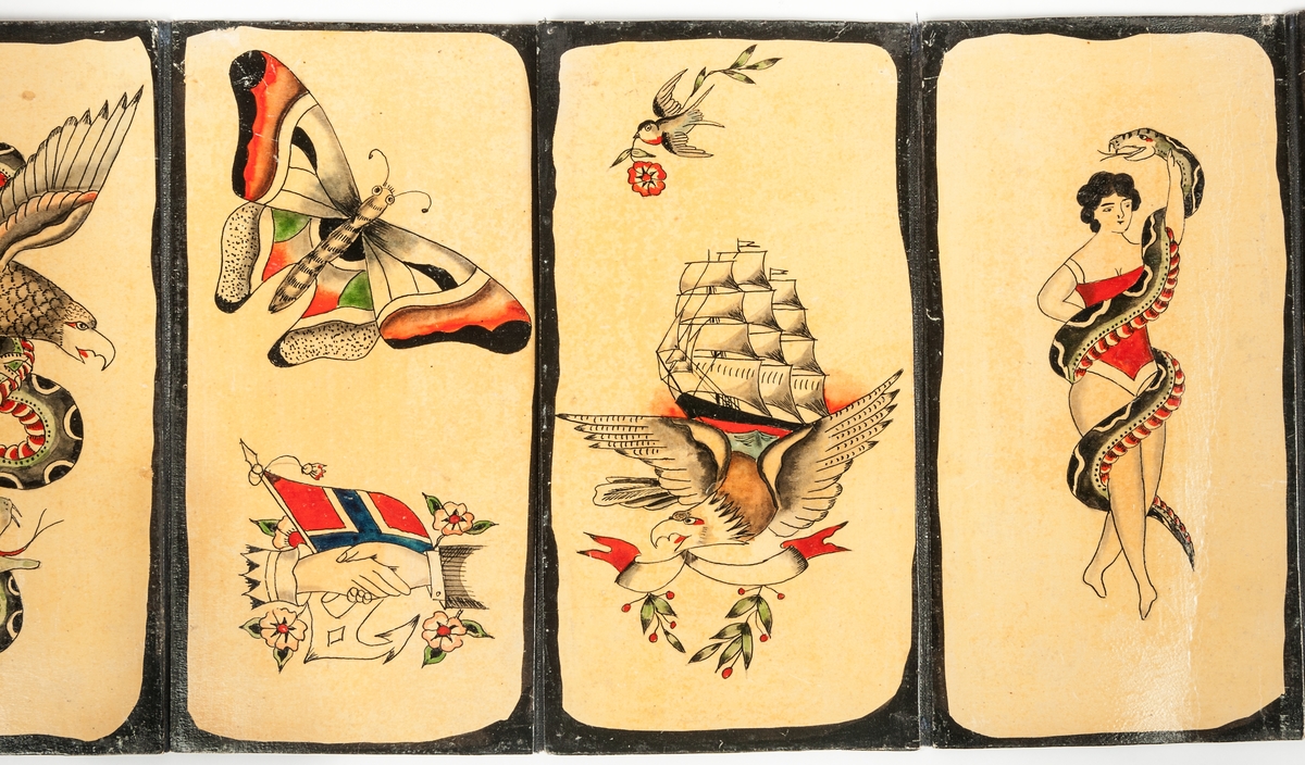 Tatueringsalbum: Storlek. 10 x 20 cm, med bilder av skepp hjärtan , "love", indianer, ormar, fjärilar, örnar, brevduvor, kinesisk drake, fullriggarskepp. -Svart ram kring bildytorna.