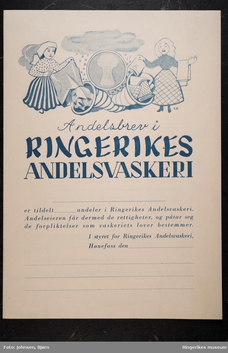 Andelsbrev Ringerikes andelsvaskeri, tegning av Ståle Kyllingstad