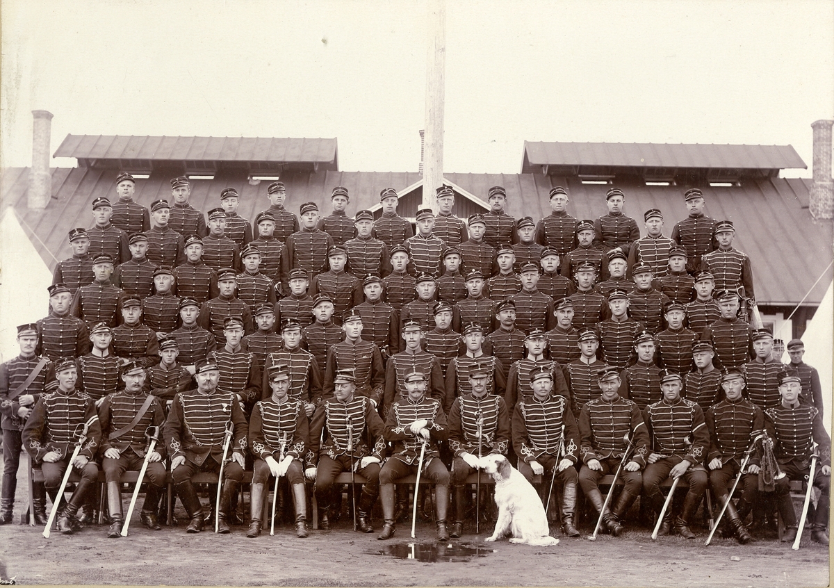 Grupporträtt av officerare och soldater från Skånska husarregementet K 5 på Ljungbyhed, 1896.