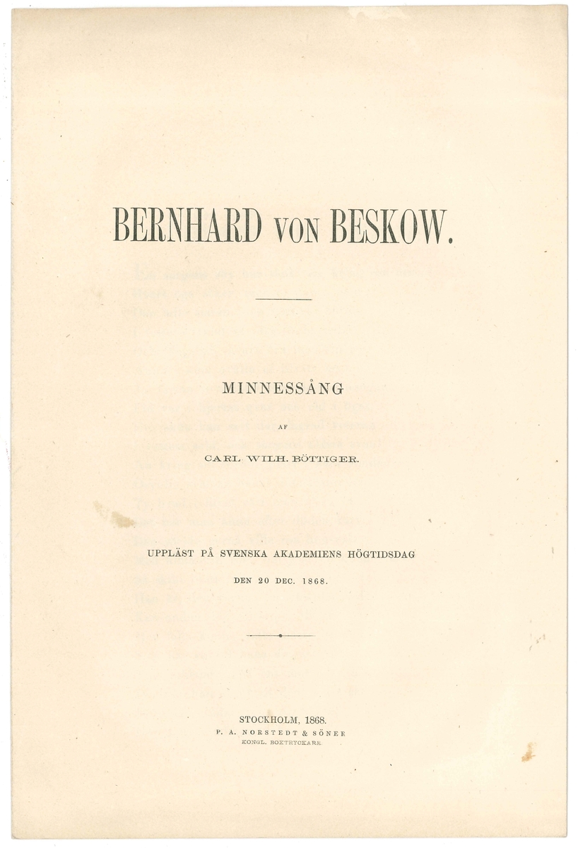 Häfte med minnessång. Bernhard von Beskow Minnessång 20/12-1868.