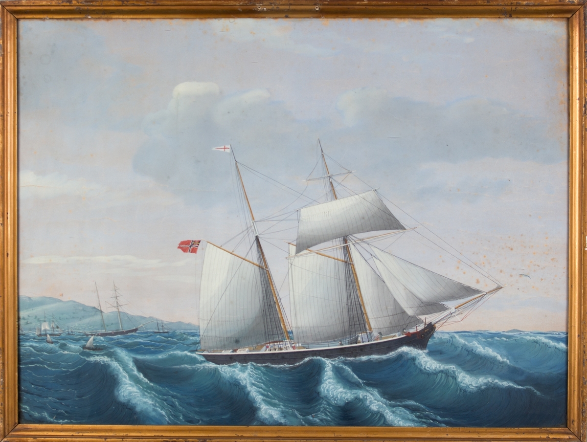 Skipsportrett av skonnert NORNEN (antatt) i opprørt hav. Flere mindre fartøyer i horisonten. Land til venstre i motivet.